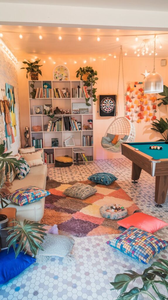 cozy teen hangout room with plants, scattered cushions, cushions , egg hanging chair, 