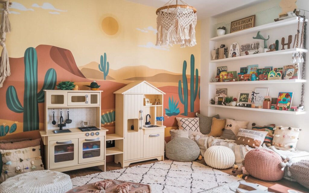 boho inspired kid playroom kitchen